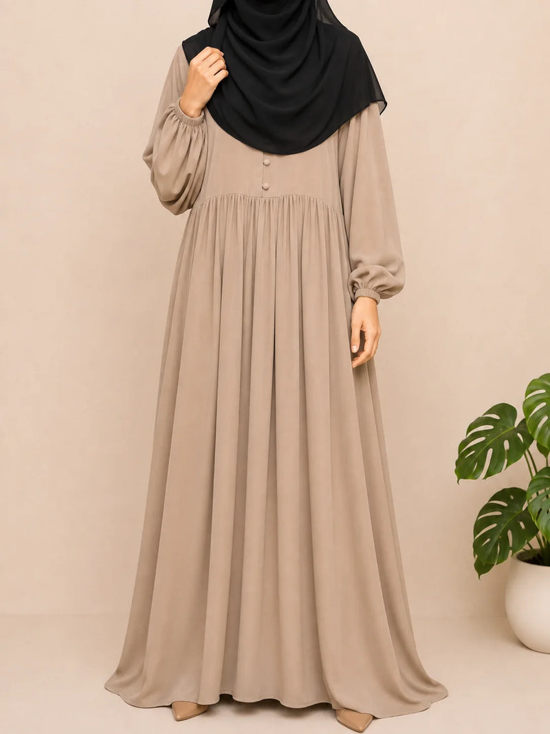 Beige Frills Abaya With Baggy Sleeves