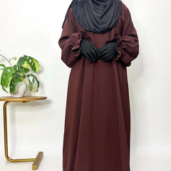 Brown Basic Abaya With Flower Sleeves