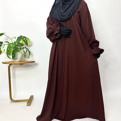 Brown Basic Abaya With Flower Sleeves