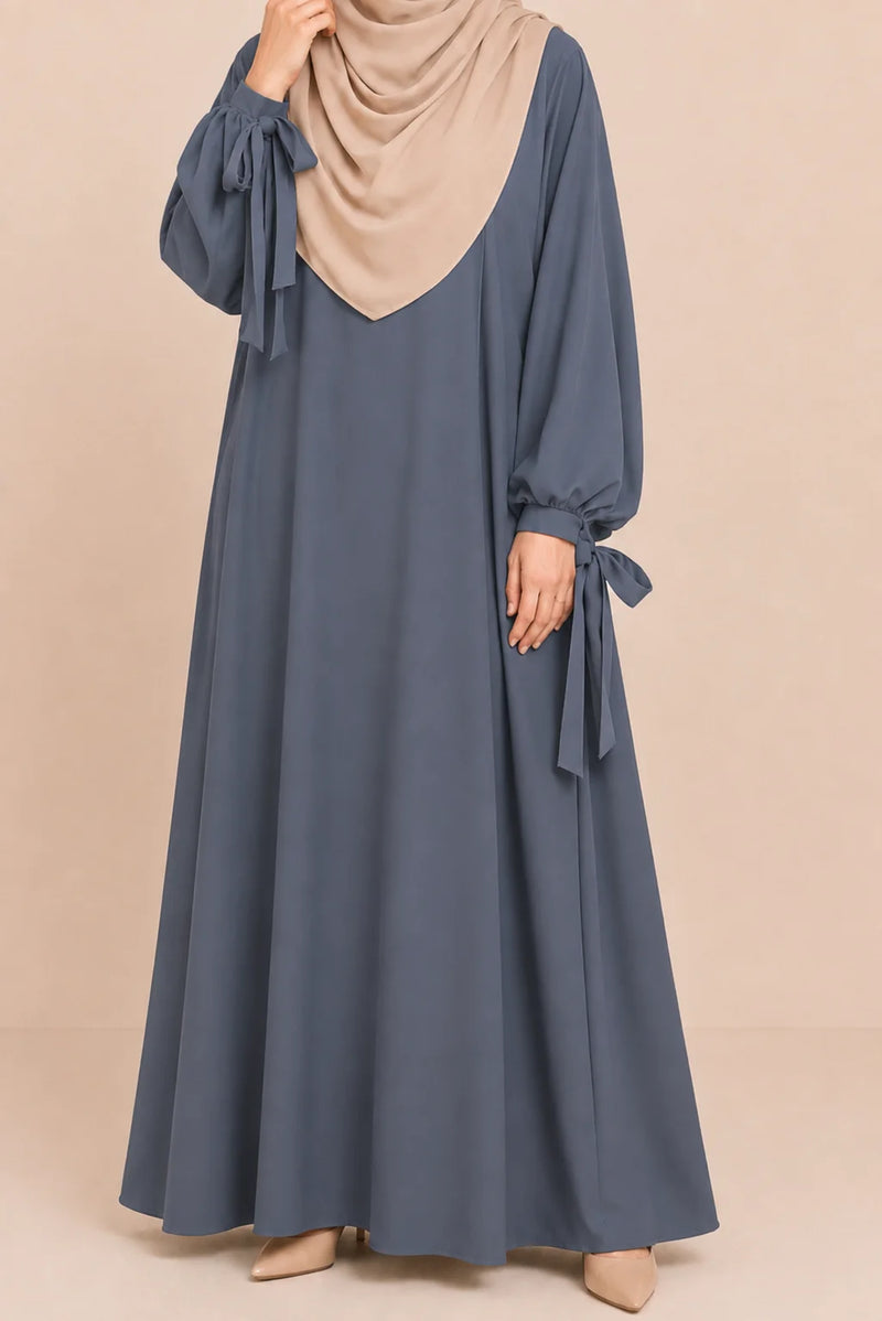 Grey Ribbon Sleeves Abaya