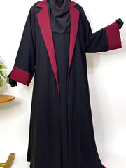 Black Coat Abaya With Maroon Contrast