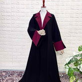 Black Coat Abaya With Maroon Contrast