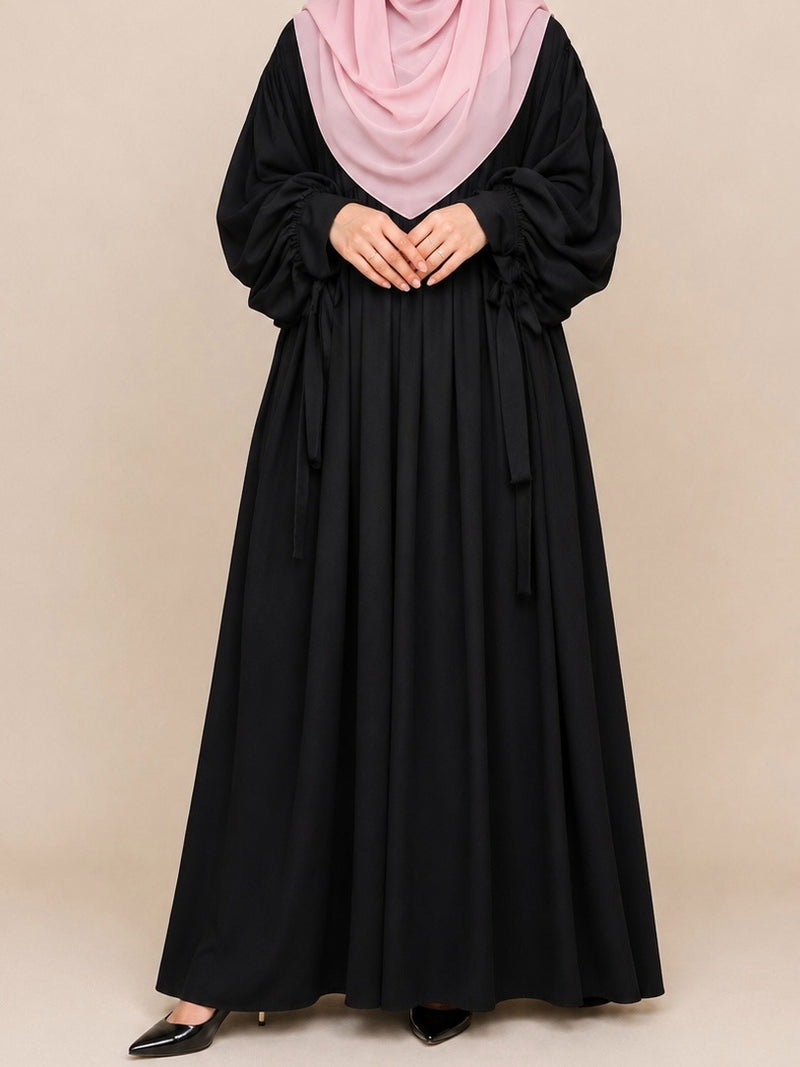 Black Frills Abaya With Baggy Sleeves And Ribbons
