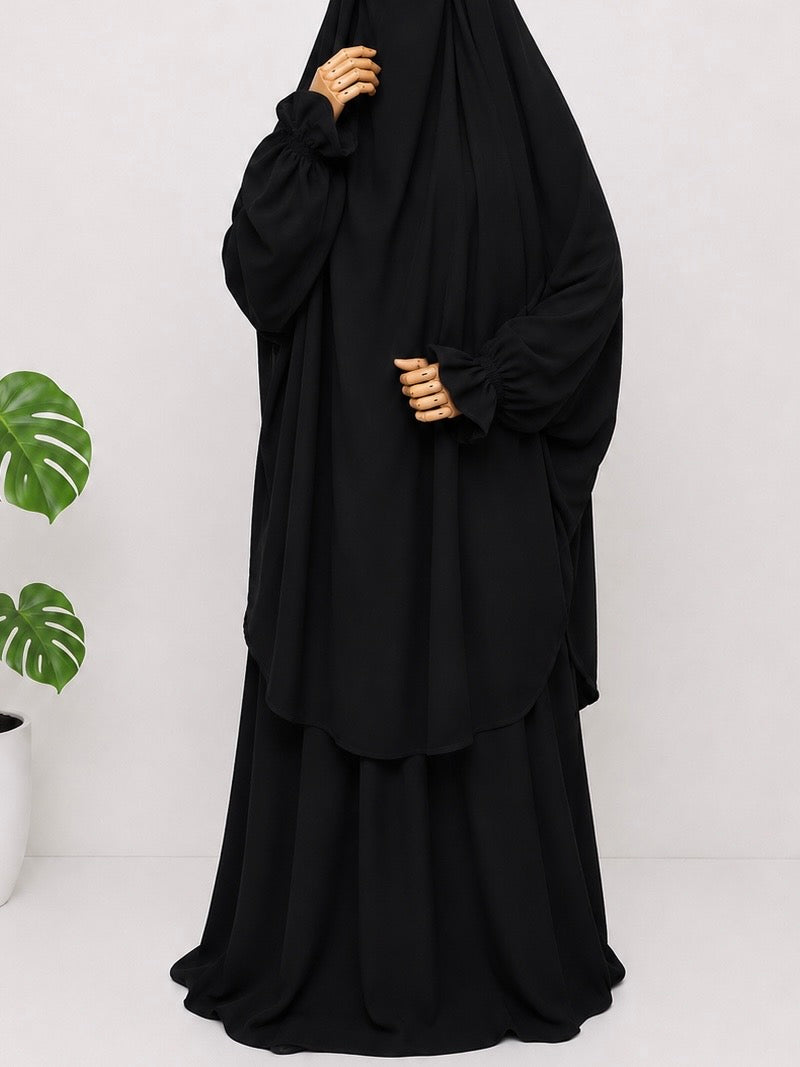 Black Two Pc Jilbab With Flower Sleeves