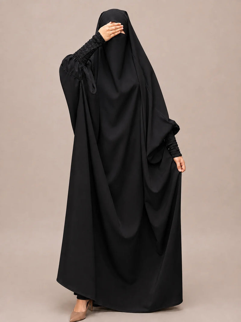 Black Jilbab With Smocked Sleeves