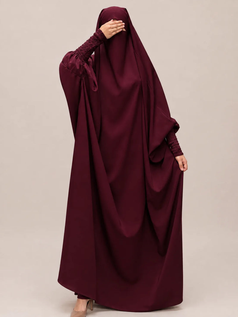 Maroon Jilbab With Smocked Sleeves