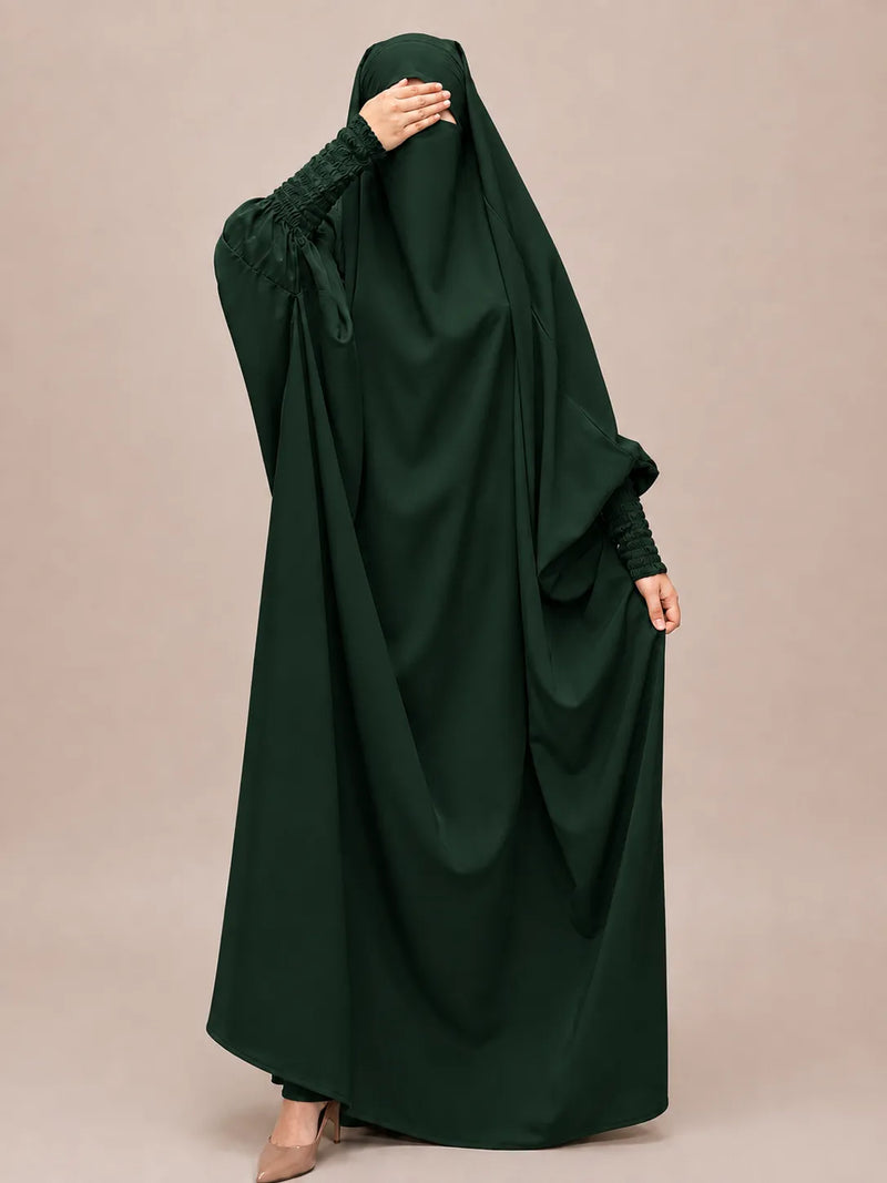 Hunter Green Jilbab With Smocked Sleeves