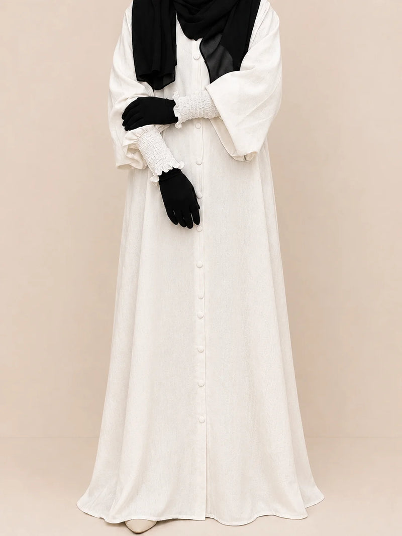 White Basic Abaya With Smocked Sleeves