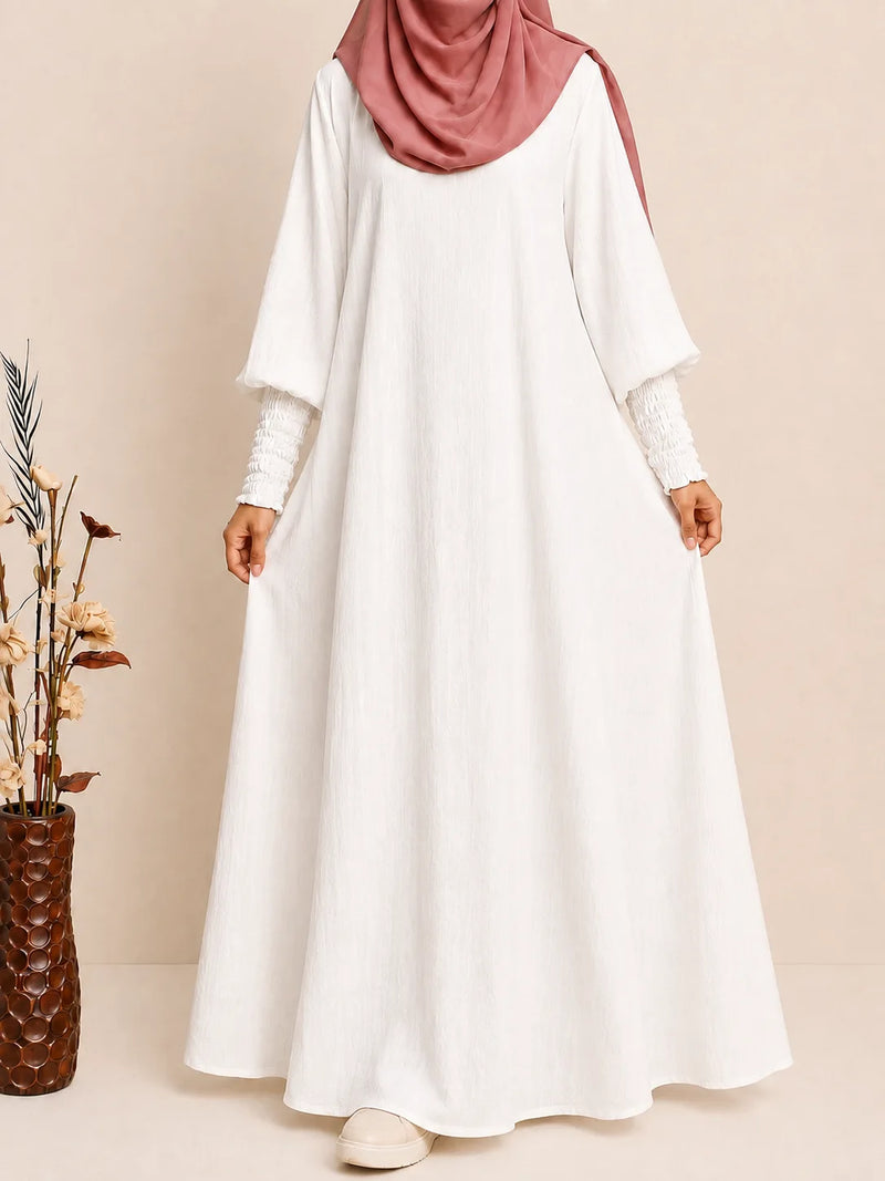 White Basic Abaya With Smocked Sleeves