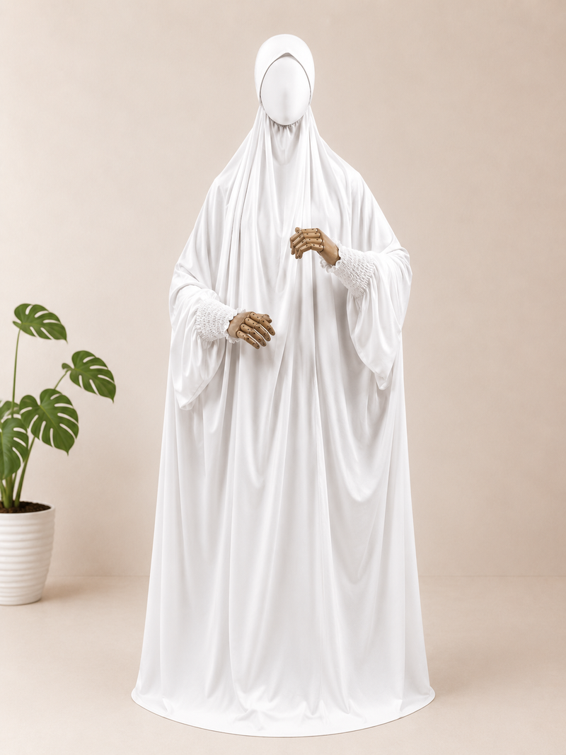 White jilbab with smocked sleeves