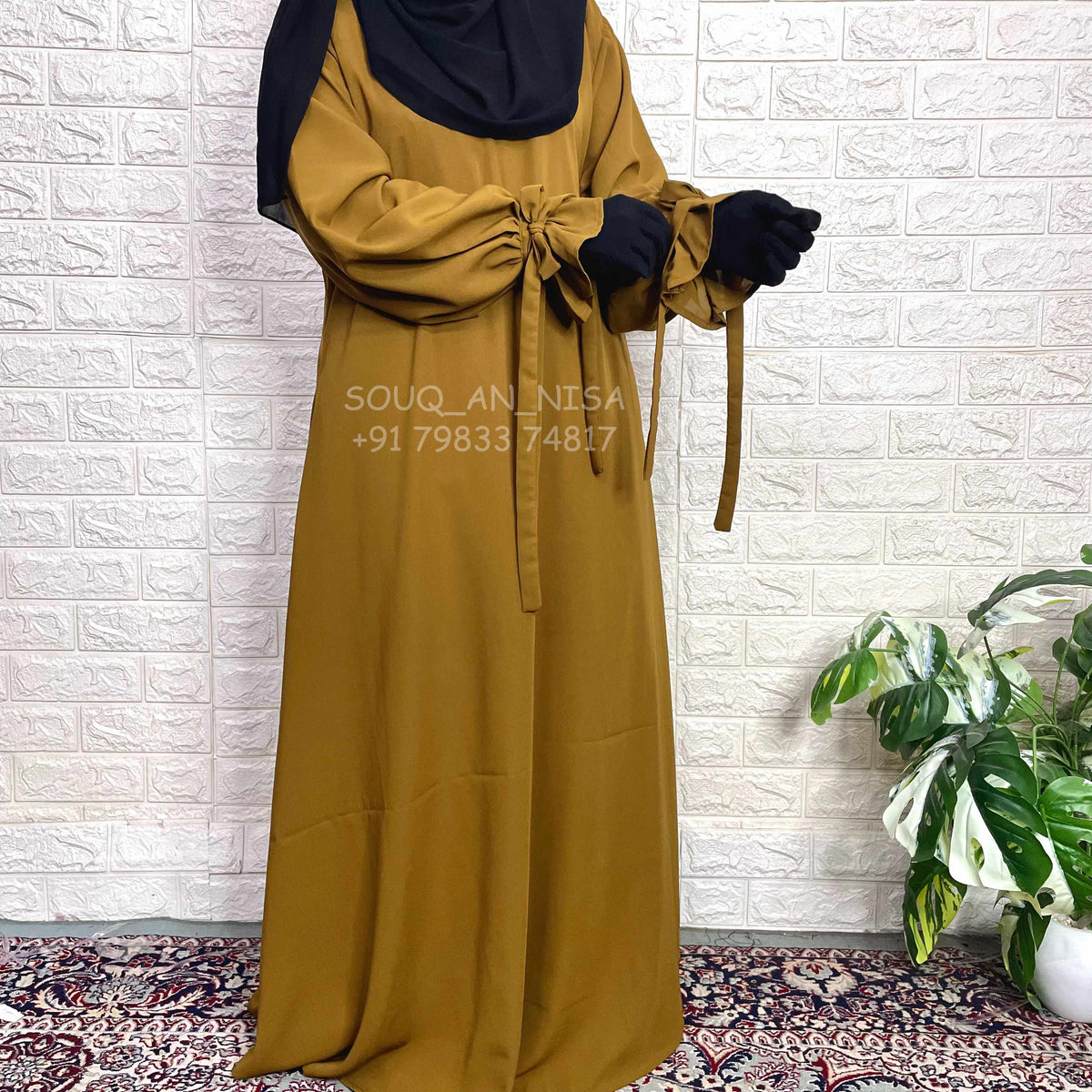 Henna Aline Abaya With Flower Sleeves And Ribbons