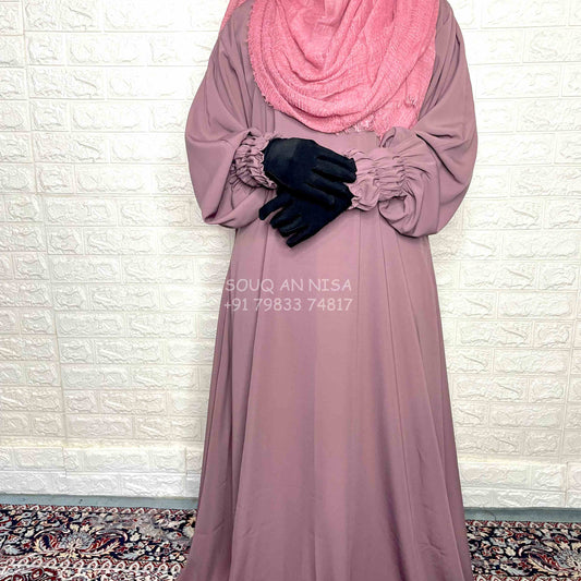 Dusty Mauve Basic Abaya With Smocked Sleeves