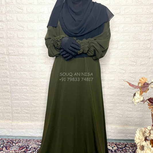 Olive Green Basic Abaya With Smocked Sleeves