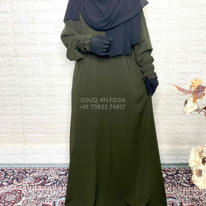 Olive Green Basic Abaya With Smocked Sleeves