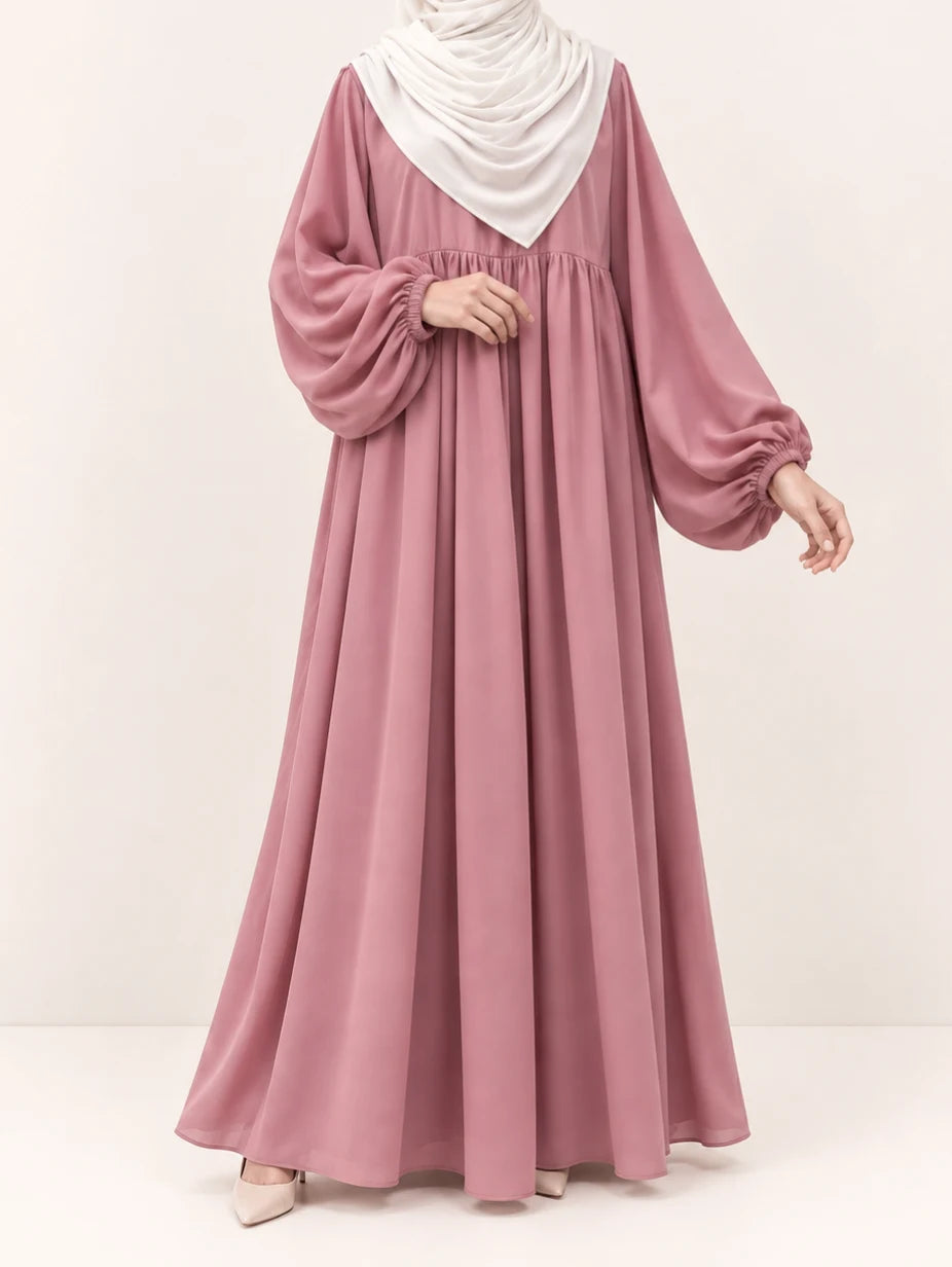 Pastel Pink Frills Abaya With Baggy Sleeves