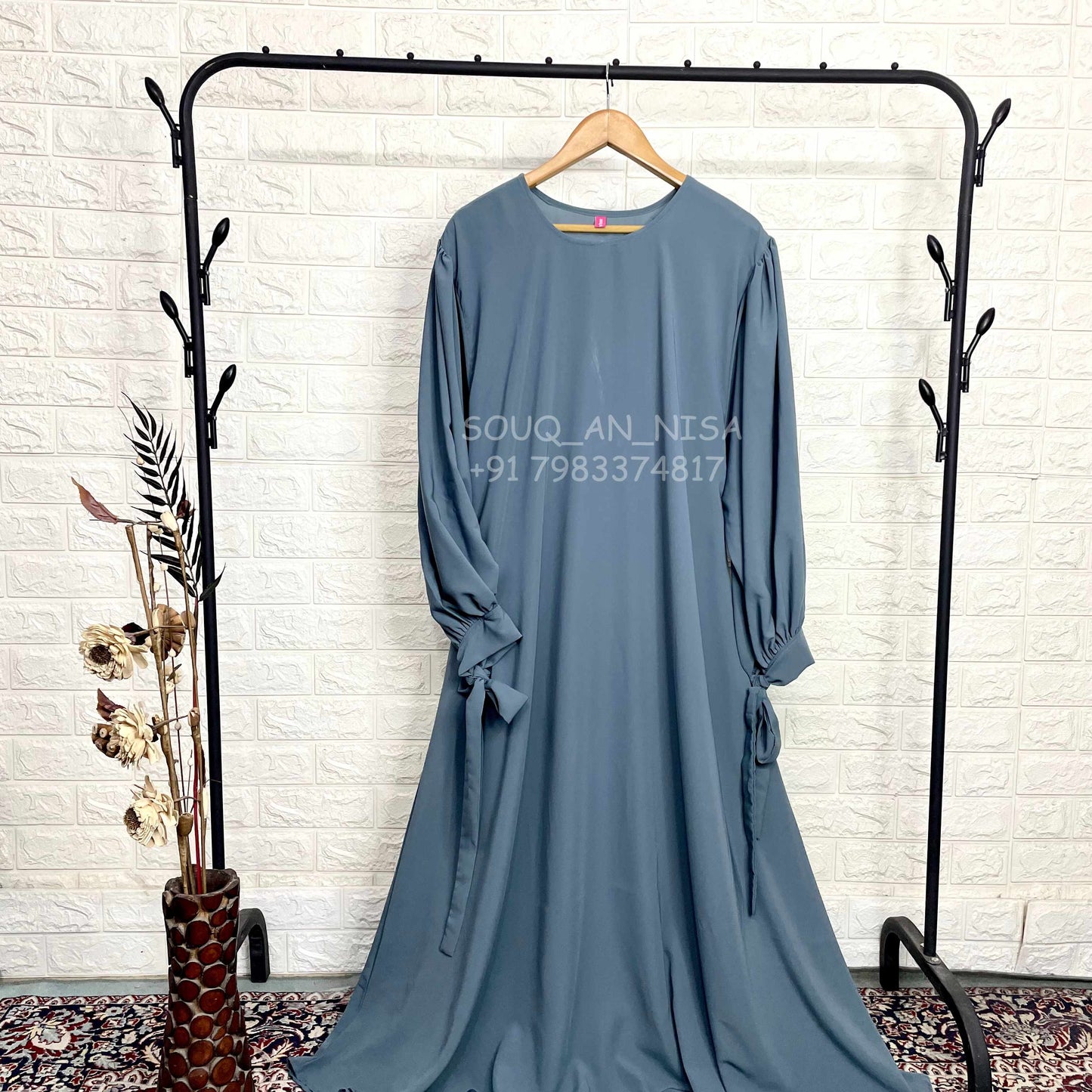 Grey Ribbon Sleeves Abaya