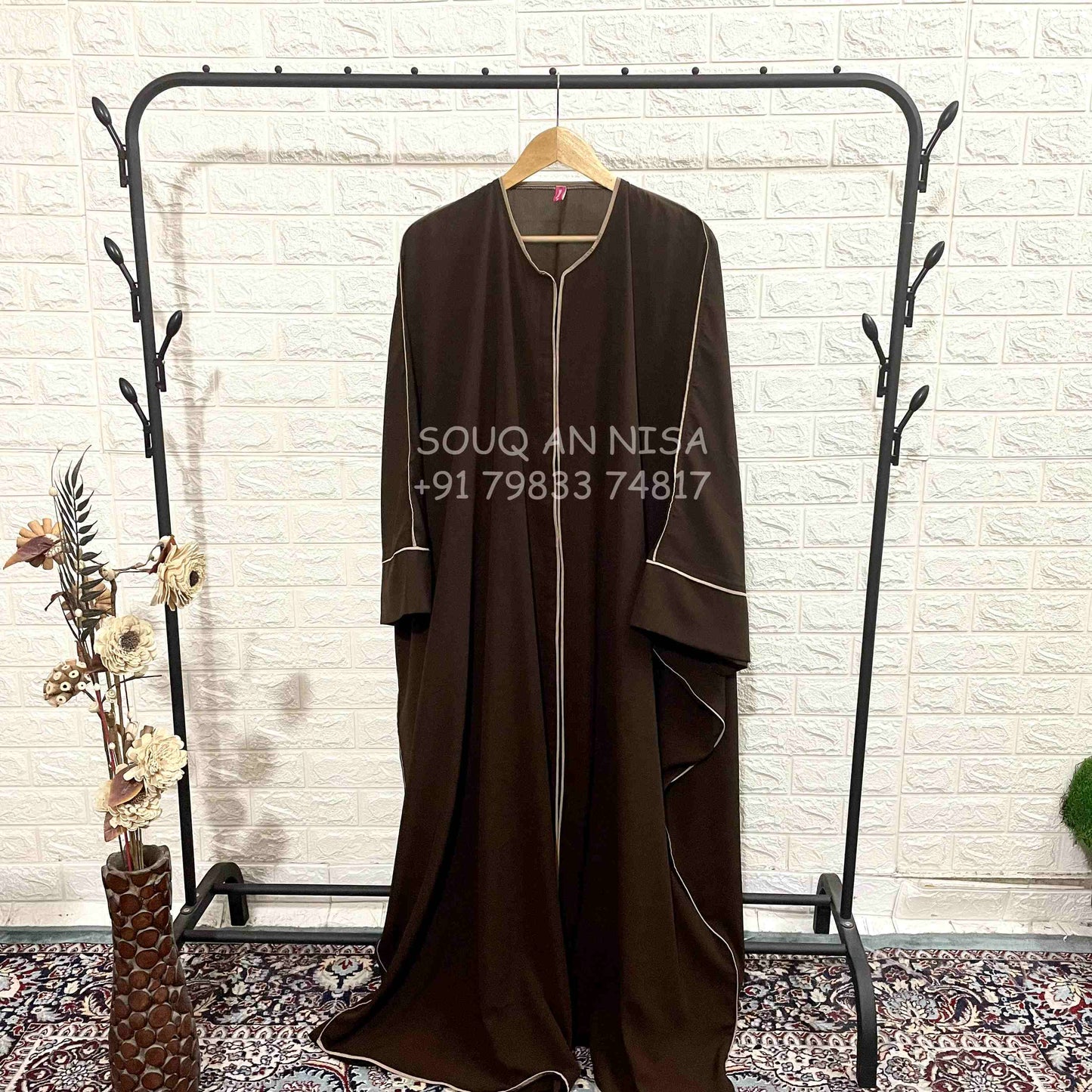 Brown Kaftan Abaya With Beige Piping