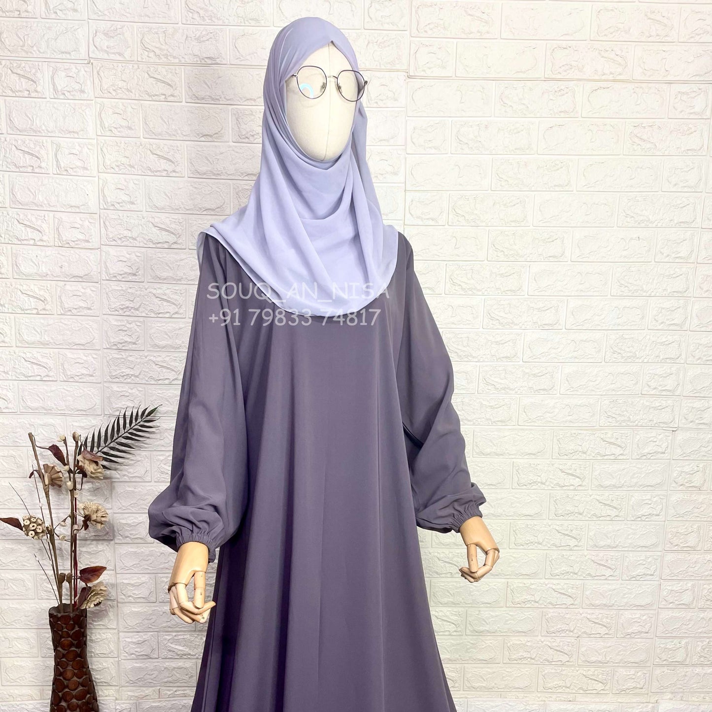 Lavender Basic A-Line Abaya With Plain Elastic Sleeves