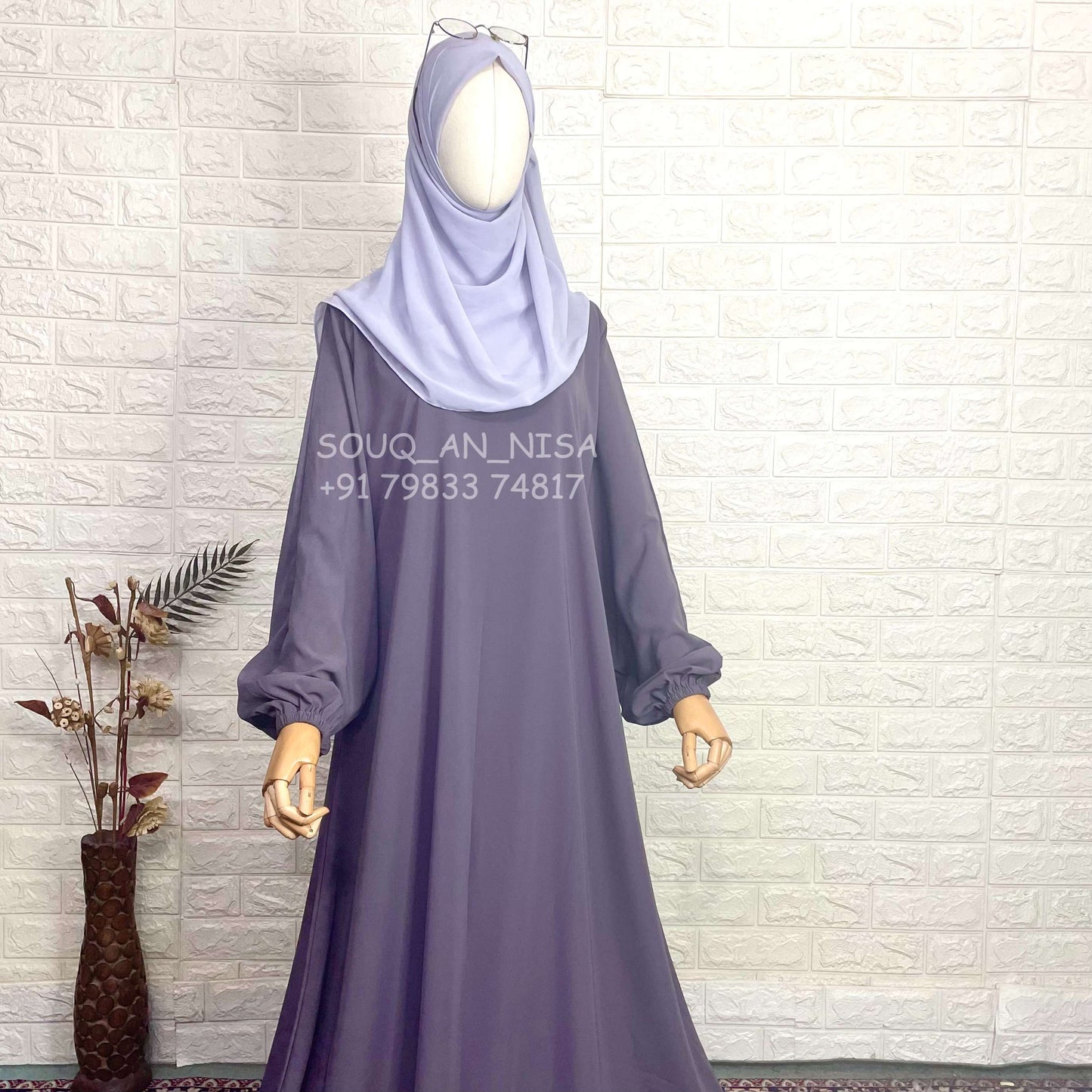 Lavender Basic A-Line Abaya With Plain Elastic Sleeves