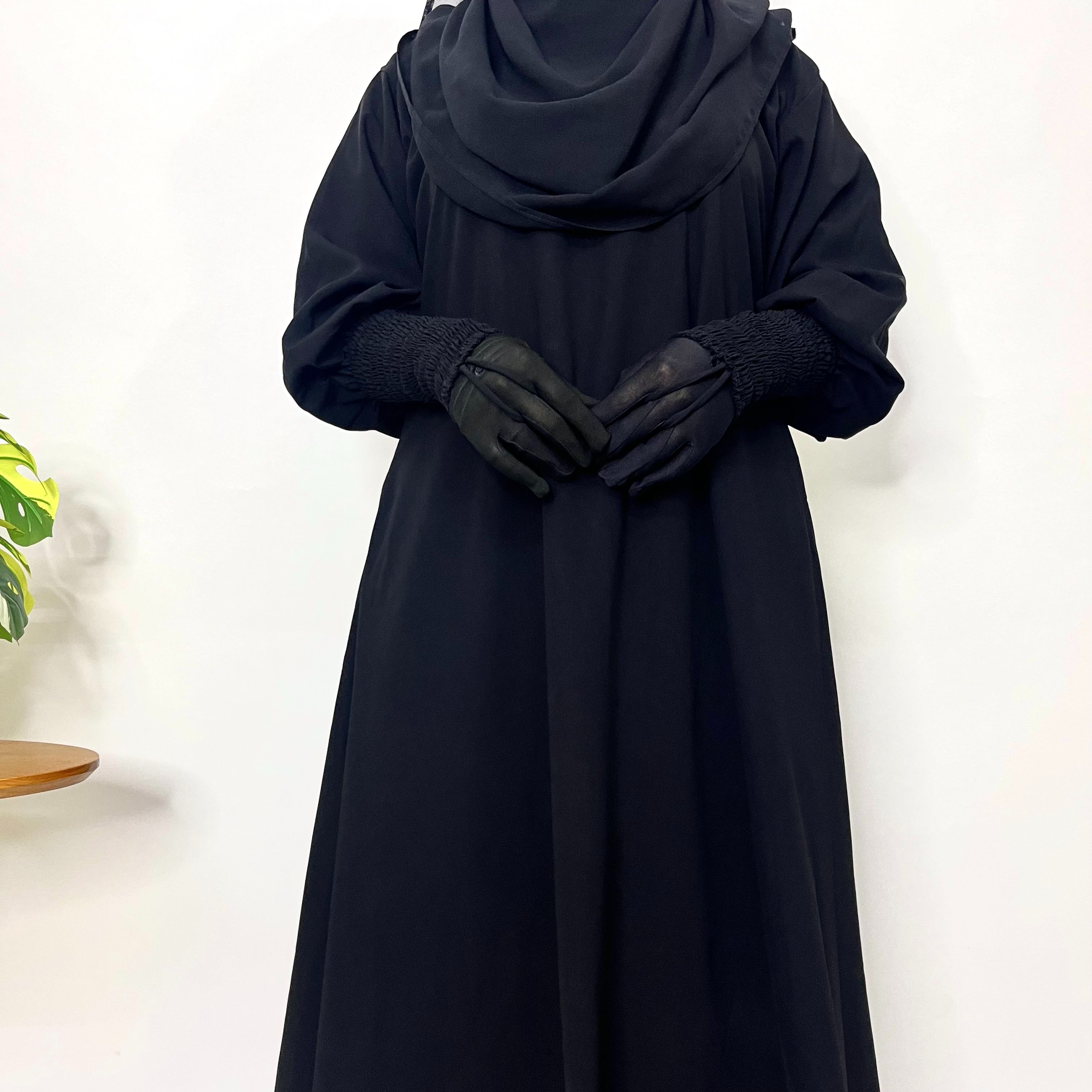 Black Aline Abaya With Smocking Sleeves
