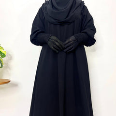 Black Aline Abaya With Smocking Sleeves