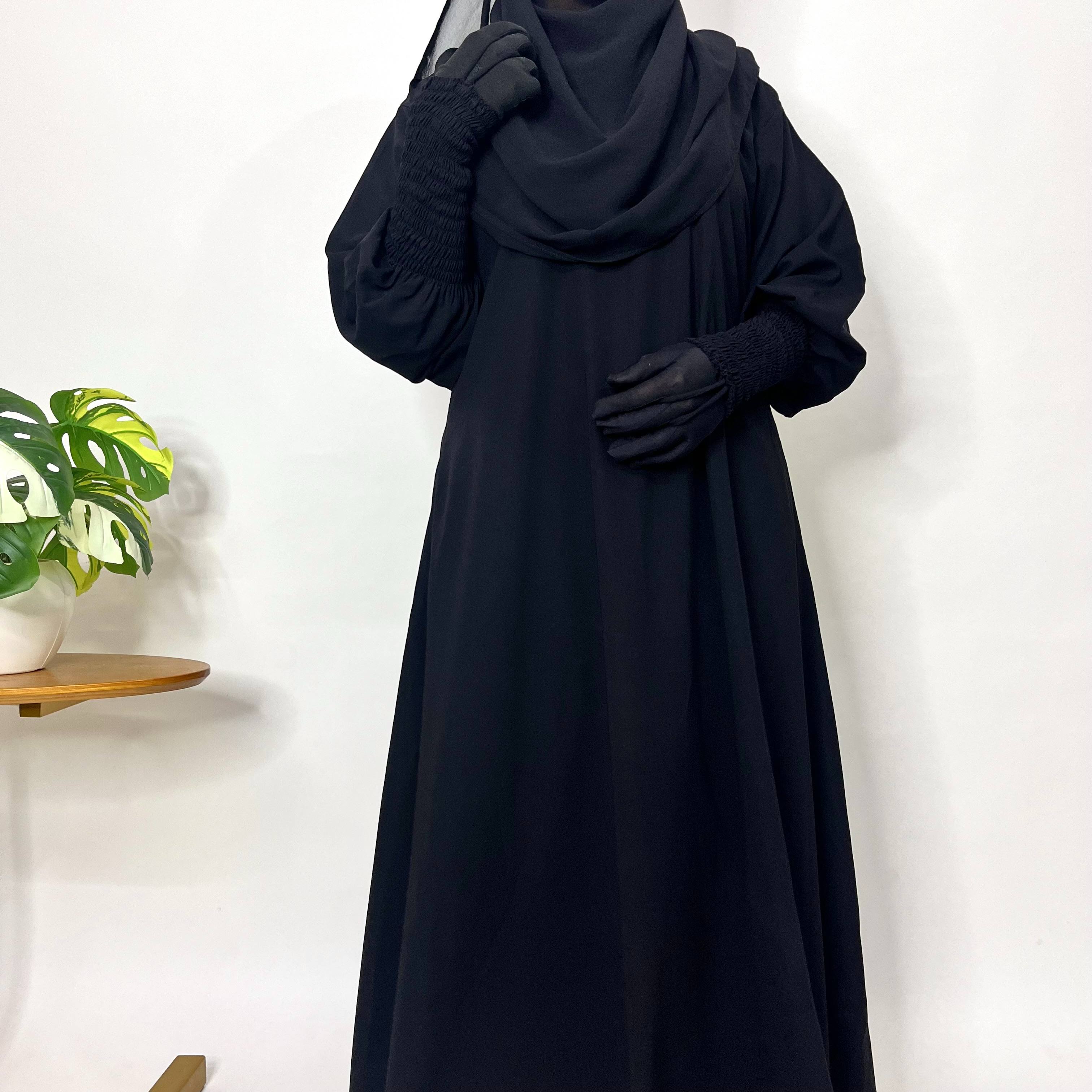 Black Aline Abaya With Smocking Sleeves