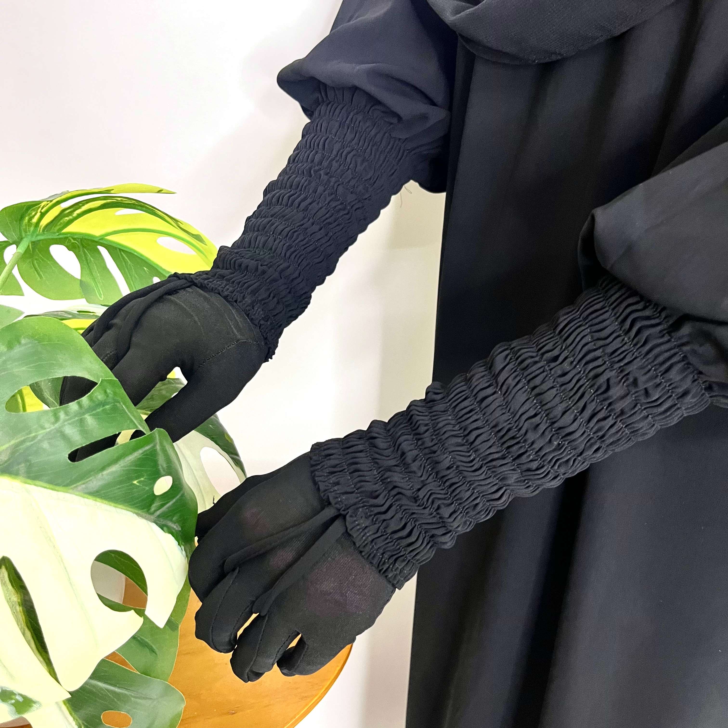 Black Aline Abaya With Smocking Sleeves