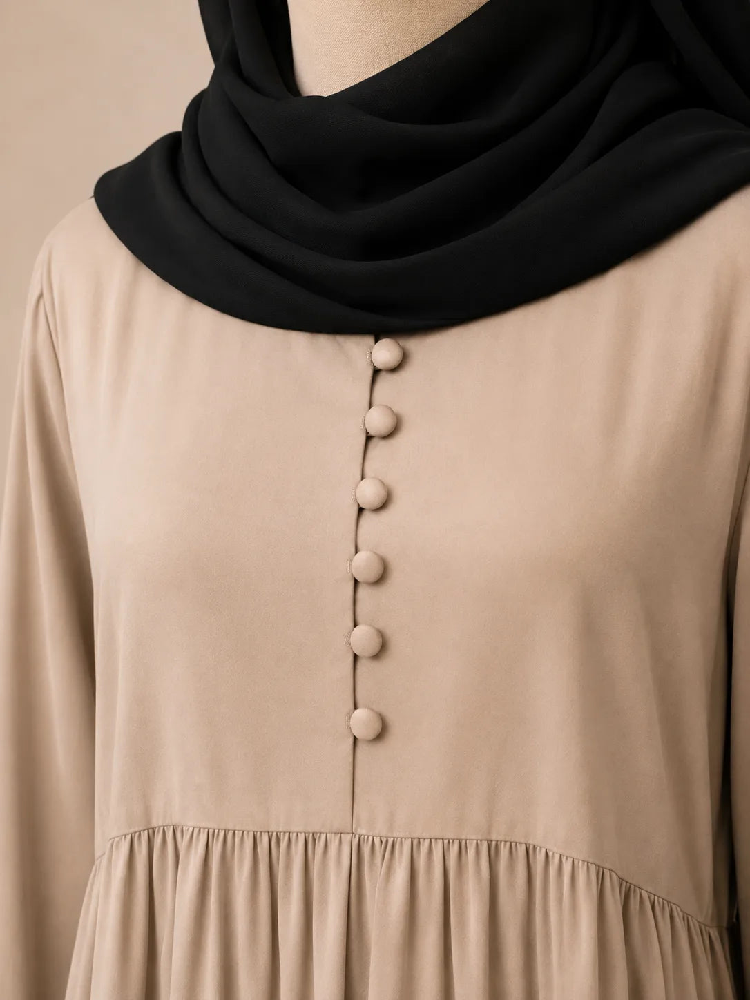 Beige Frills Abaya With Baggy Sleeves