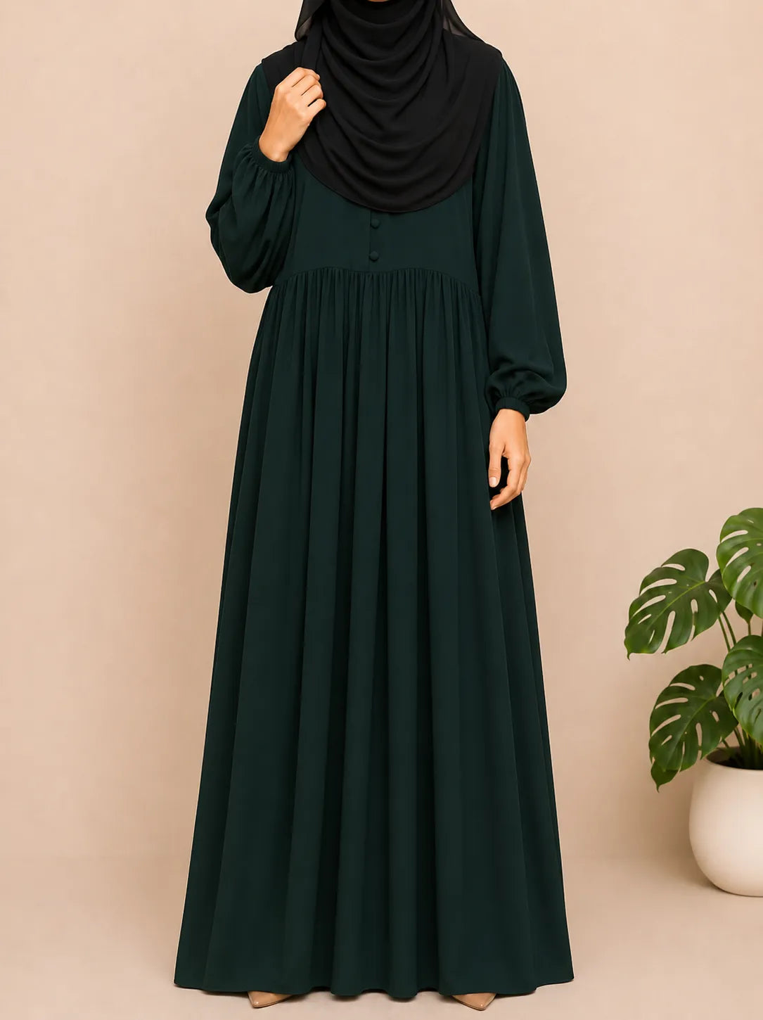 Hunter Green Frills Abaya With Baggy Sleeves