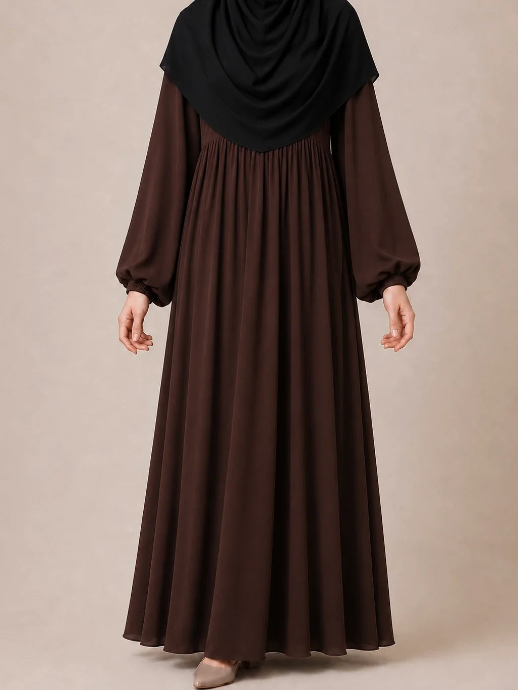 Brown Frills Abaya With Baggy Sleeves