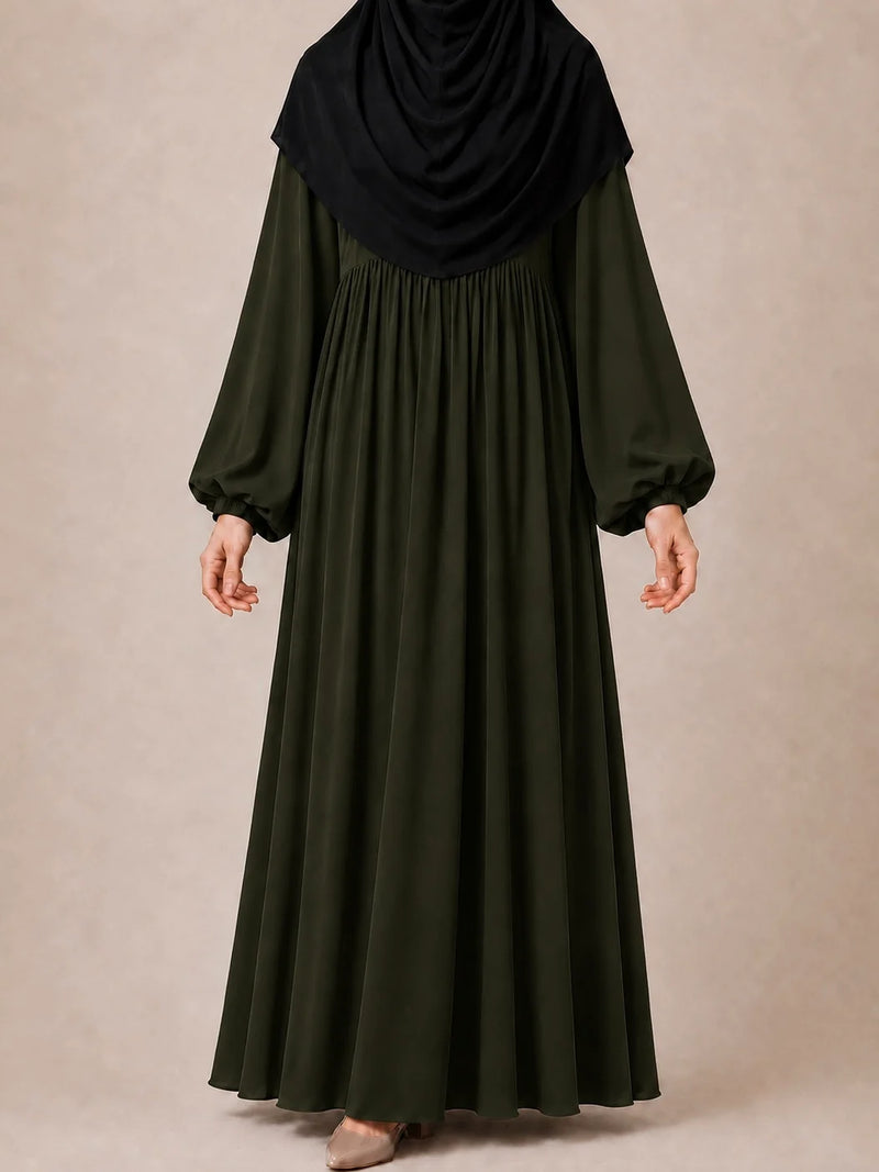 Olive Frills Abaya With Baggy Sleeves
