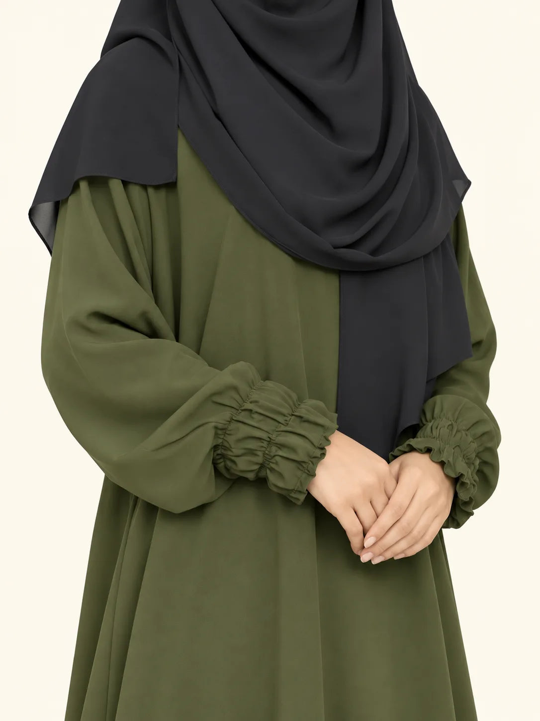 Olive Basic Abaya With Smocking Sleeves