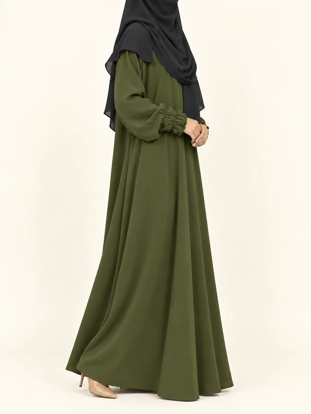 Olive Basic Abaya With Smocking Sleeves