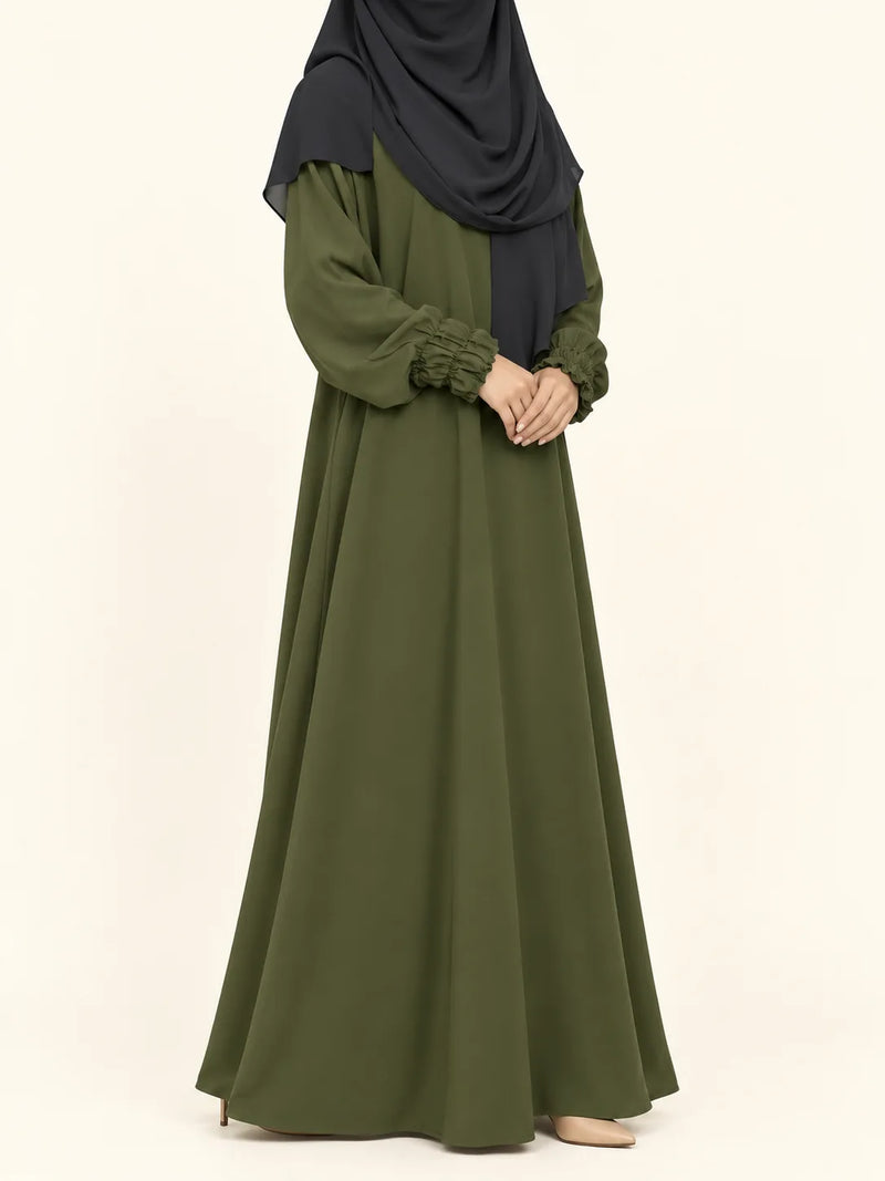Olive Basic Abaya With Smocking Sleeves