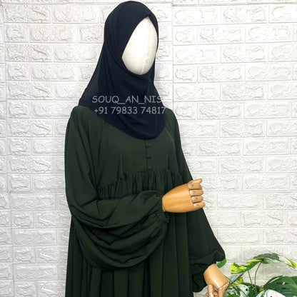 Olive Frills Abaya With Baggy Sleeves