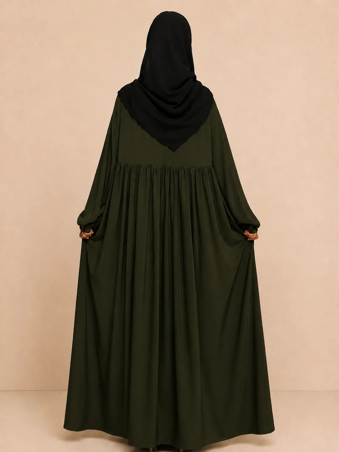 Olive Frills Abaya With Baggy Sleeves
