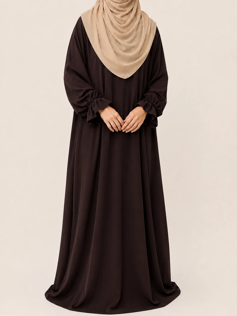 Brown Basic Abaya With Flower Sleeves