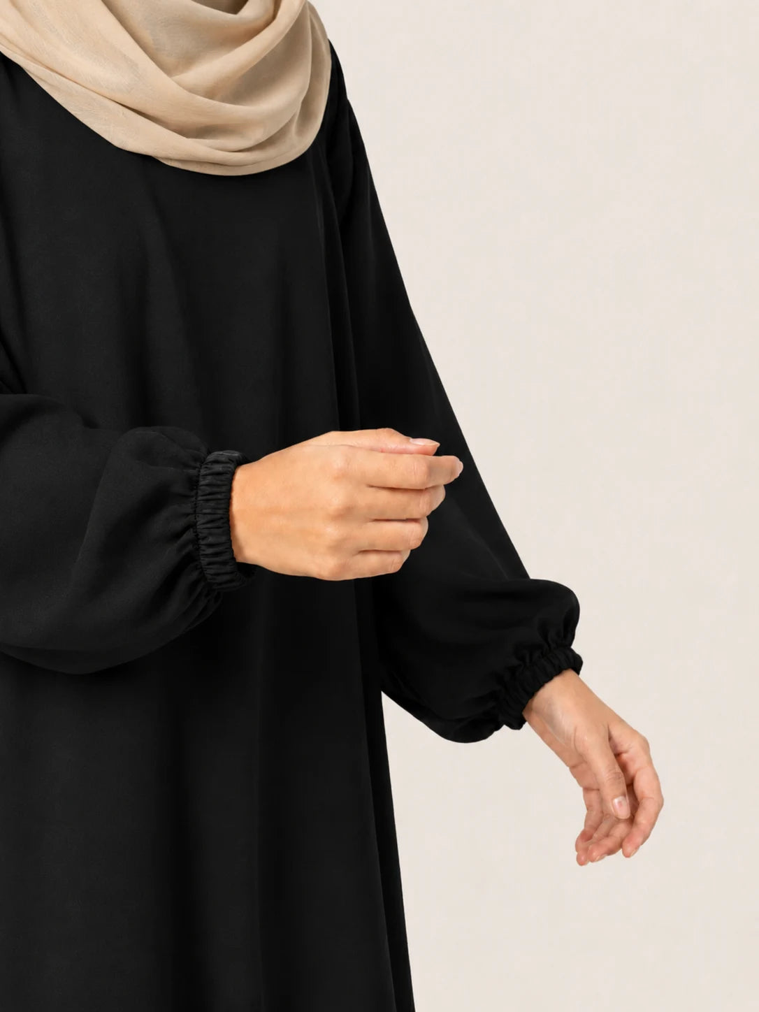 Black Basic Abaya With Elastic Sleeves