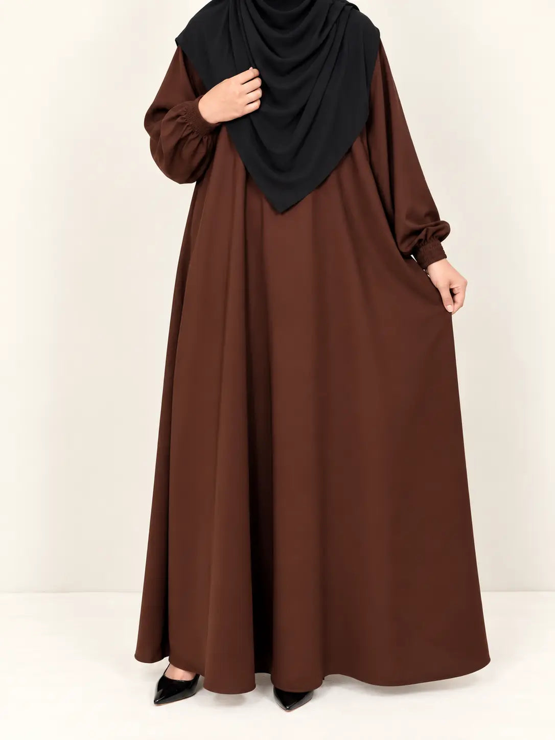 Brown Basic Abaya With Elastic Sleeves
