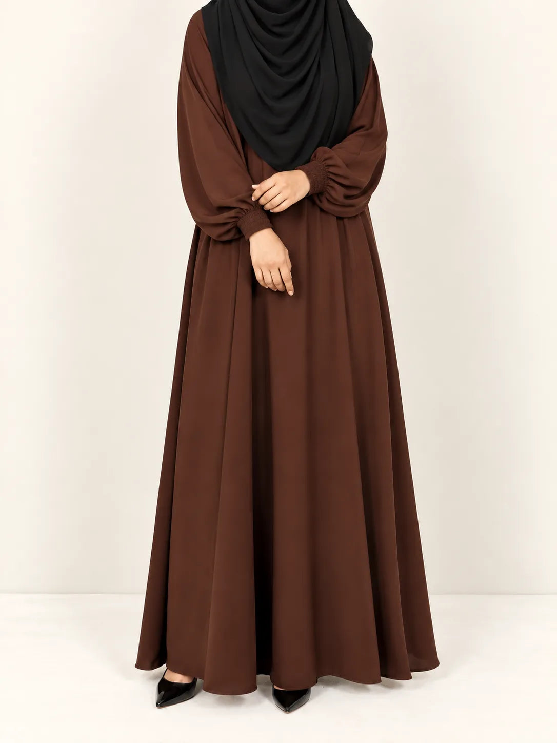 Brown Basic Abaya With Elastic Sleeves