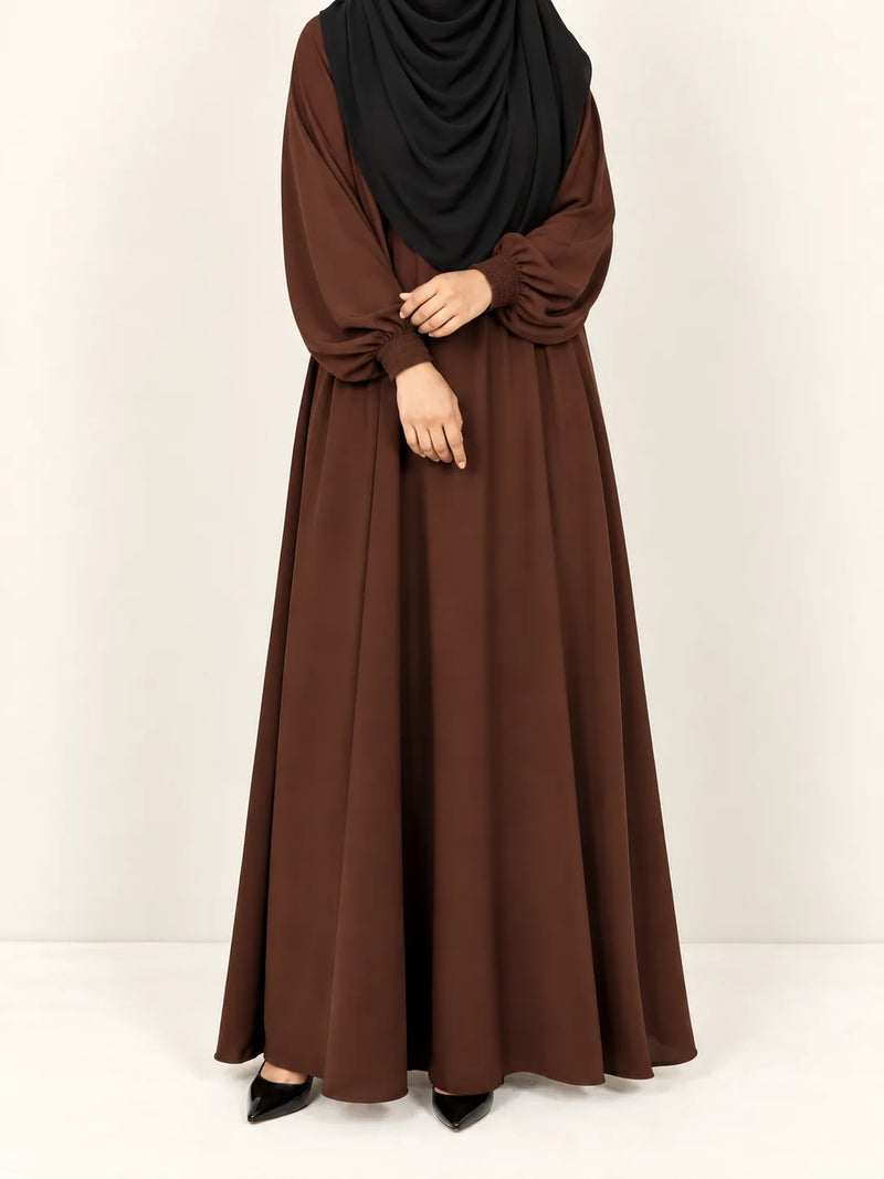 Brown Basic Abaya With Elastic Sleeves