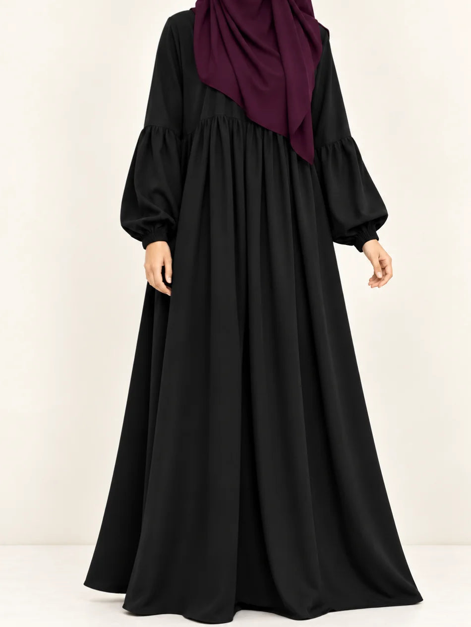 Black Frills Abaya With Pleated Sleeves