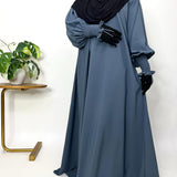 Grey Aline Abaya With Smocking Sleeves