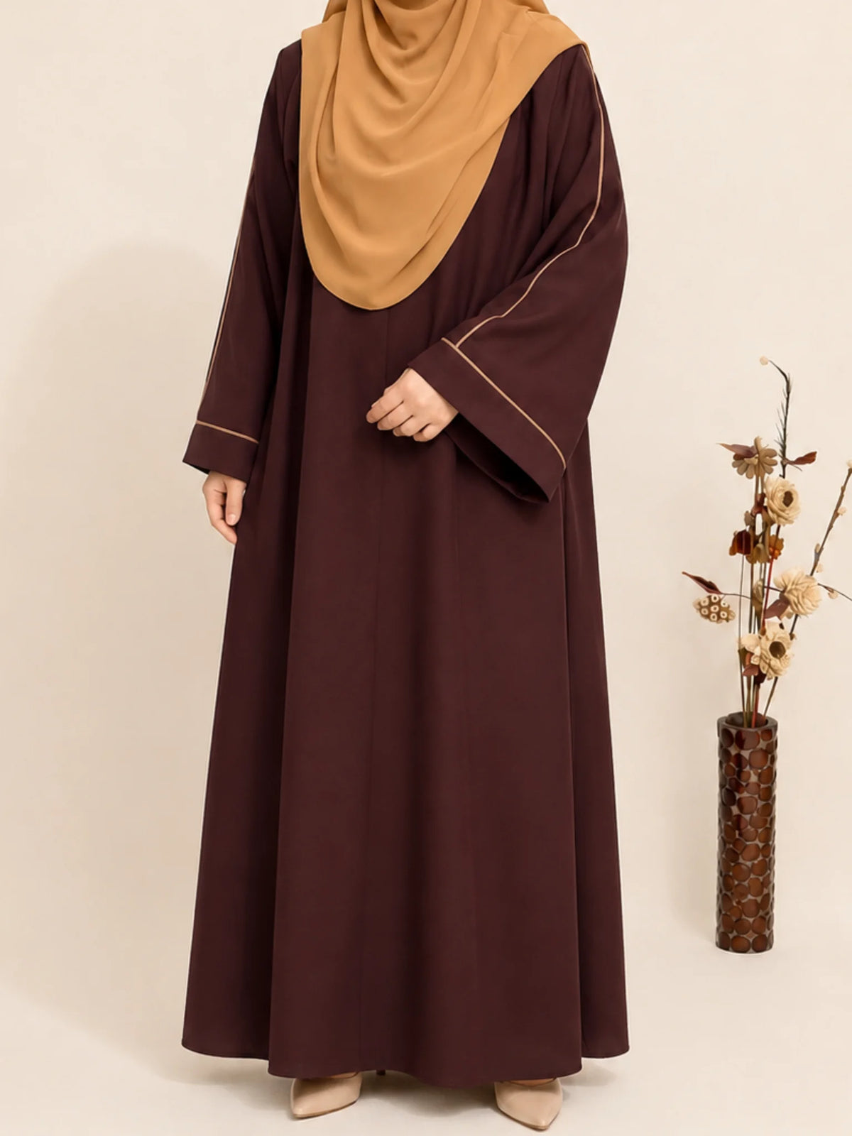 Brown Abaya with contrast piping