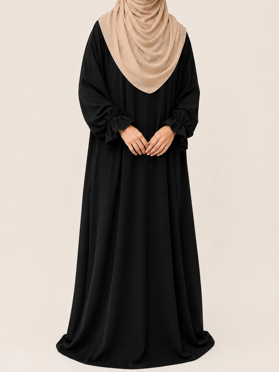 Black Basic Abaya With Flower Sleeves
