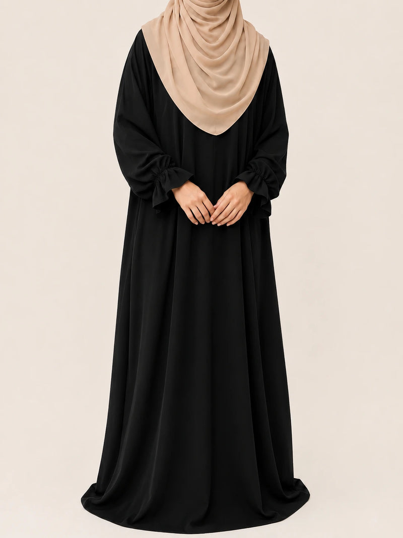 Black Basic Abaya With Flower Sleeves
