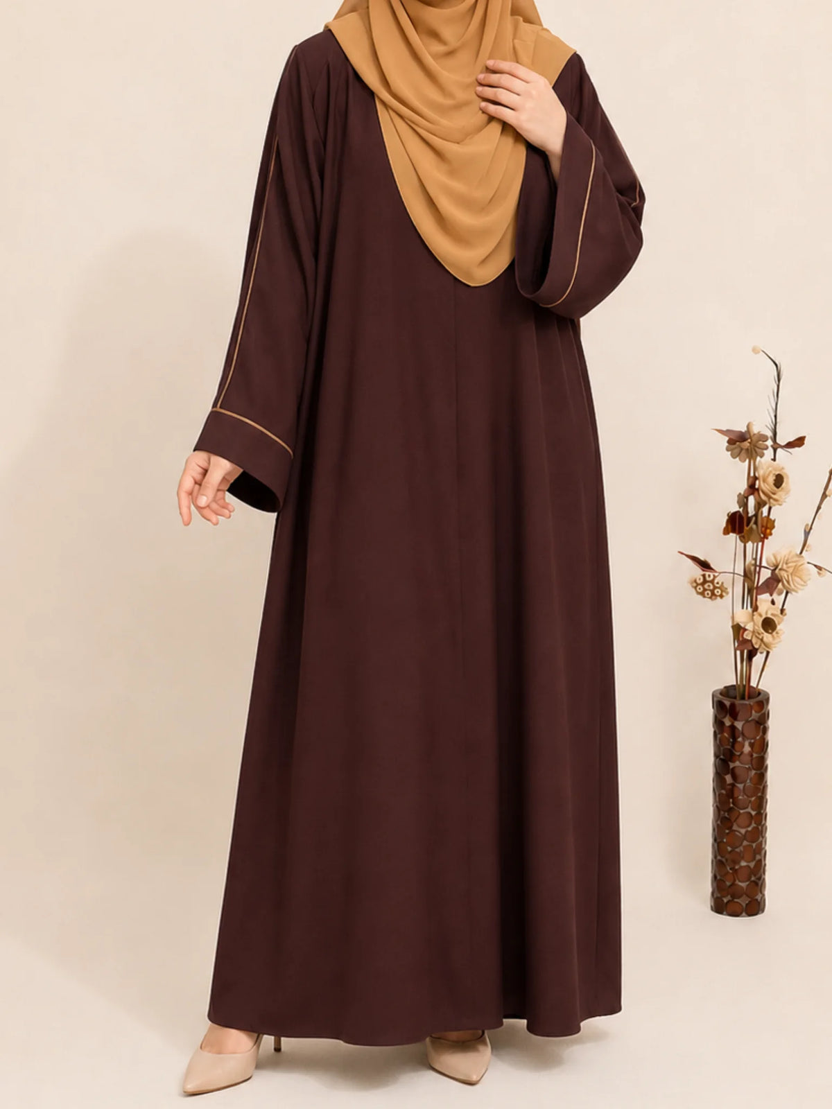 Brown Abaya with contrast piping