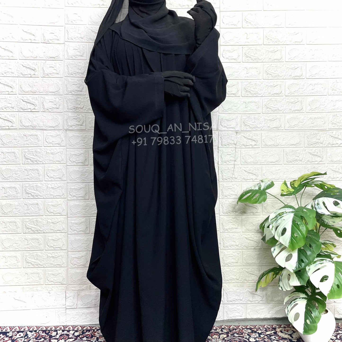 Black Cey Crush Kaftan Abaya With Loop Sleeves