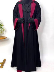 Black Coat Abaya With Maroon Contrast