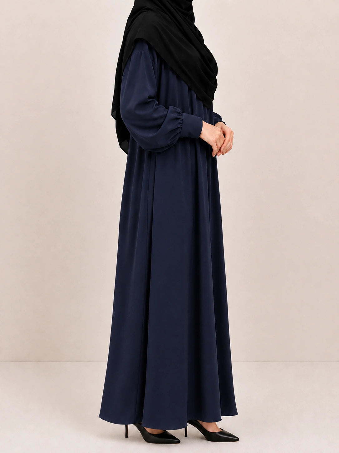 Navy Blue Pink Basic Abaya With Cuff Sleeves